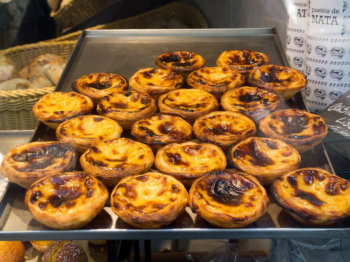 A tray of pastéis de nata fresh from the oven